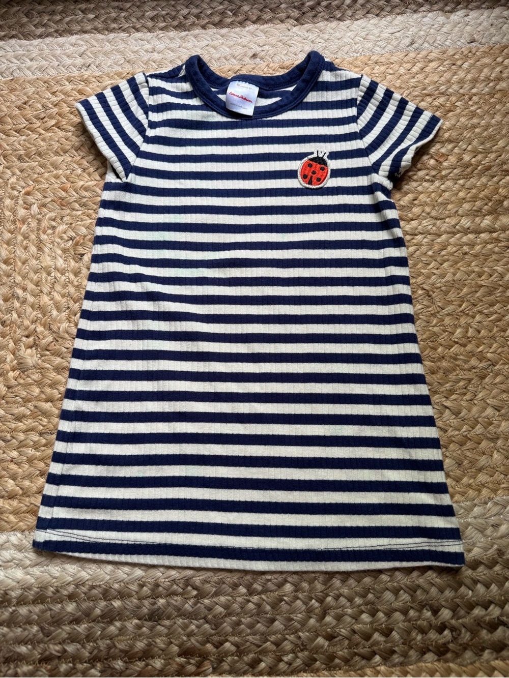 Hanna Anderson 3T Striped Navy & Cream Tee Dress with Ladybug Patch